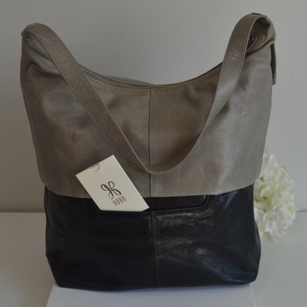 🖤 HOBO Joyce Style Shoulder Bag Two-Tone Leather Stone/Gray & Black - Picture 3 of 14